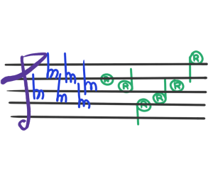 Green and purple trademark-themed music staff