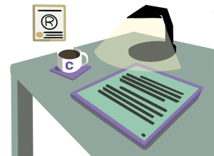 Green and purple desk with e-reader, TM certificate, lamp, and Communer mug