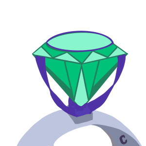 Silver ring with Communer monogram and green diamond and purple setting with