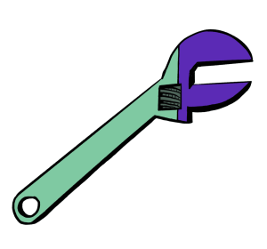 Green and purple cartoon wrench