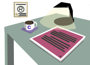 Green desk with maroon e-reader, TM certificate, lamp, and Communer mug